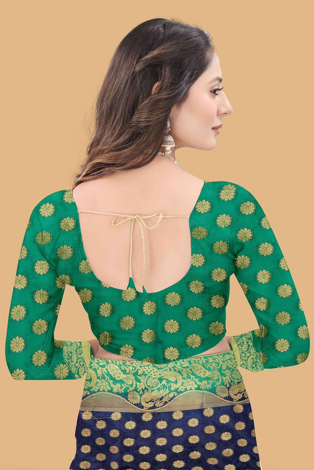 Wedding Wear Navy Blue & Green Woven Gold Jari Cotton Silk Banarasi Saree With Blouse