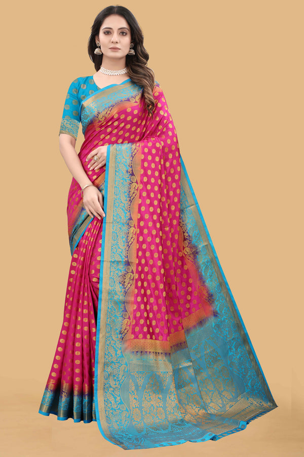 Wedding Wear Pink(Rani)& Blue Woven Gold Jari Cotton Silk Banarasi Saree With Blouse
