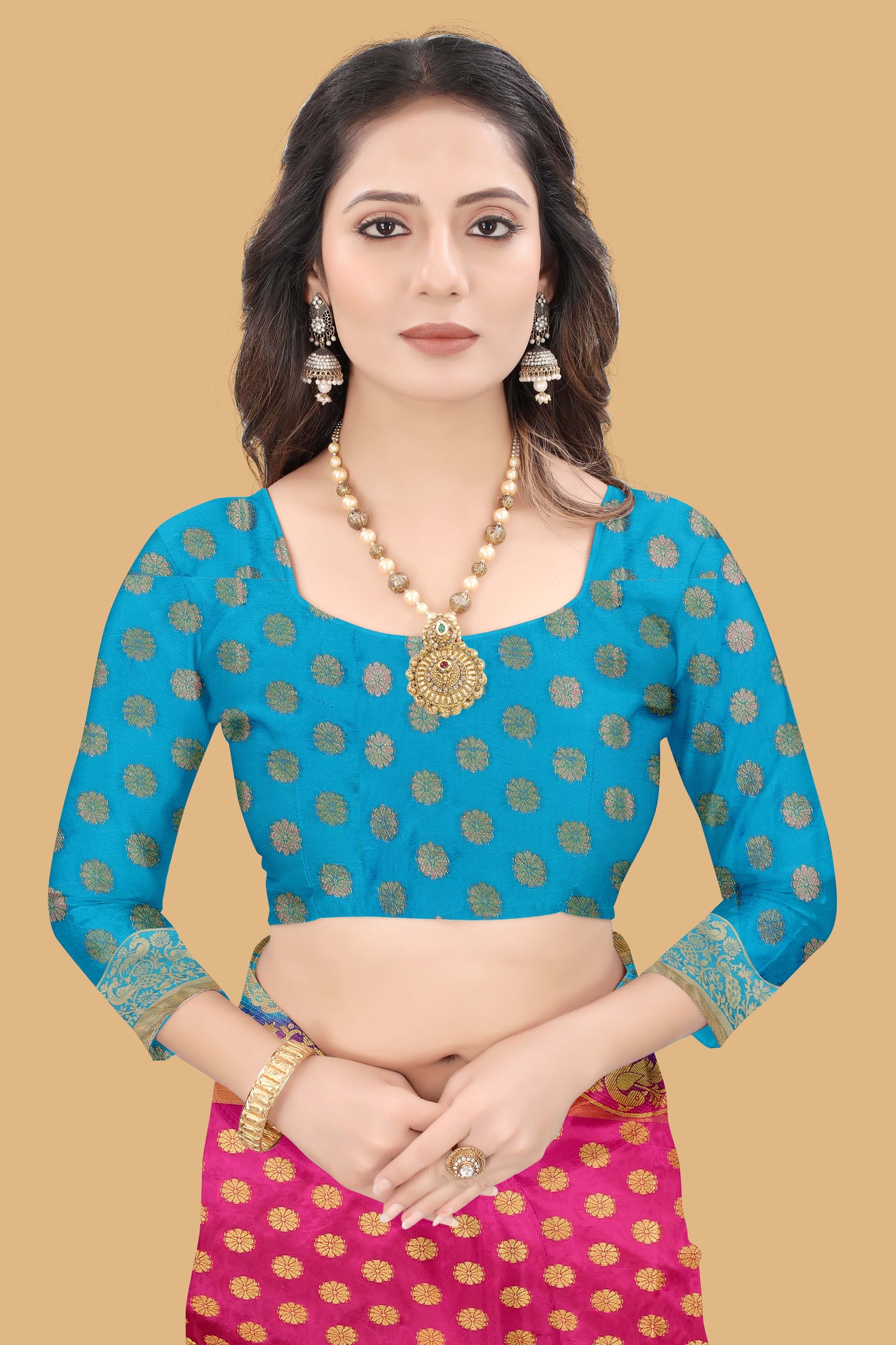 Wedding Wear Pink(Rani)& Blue Woven Gold Jari Cotton Silk Banarasi Saree With Blouse