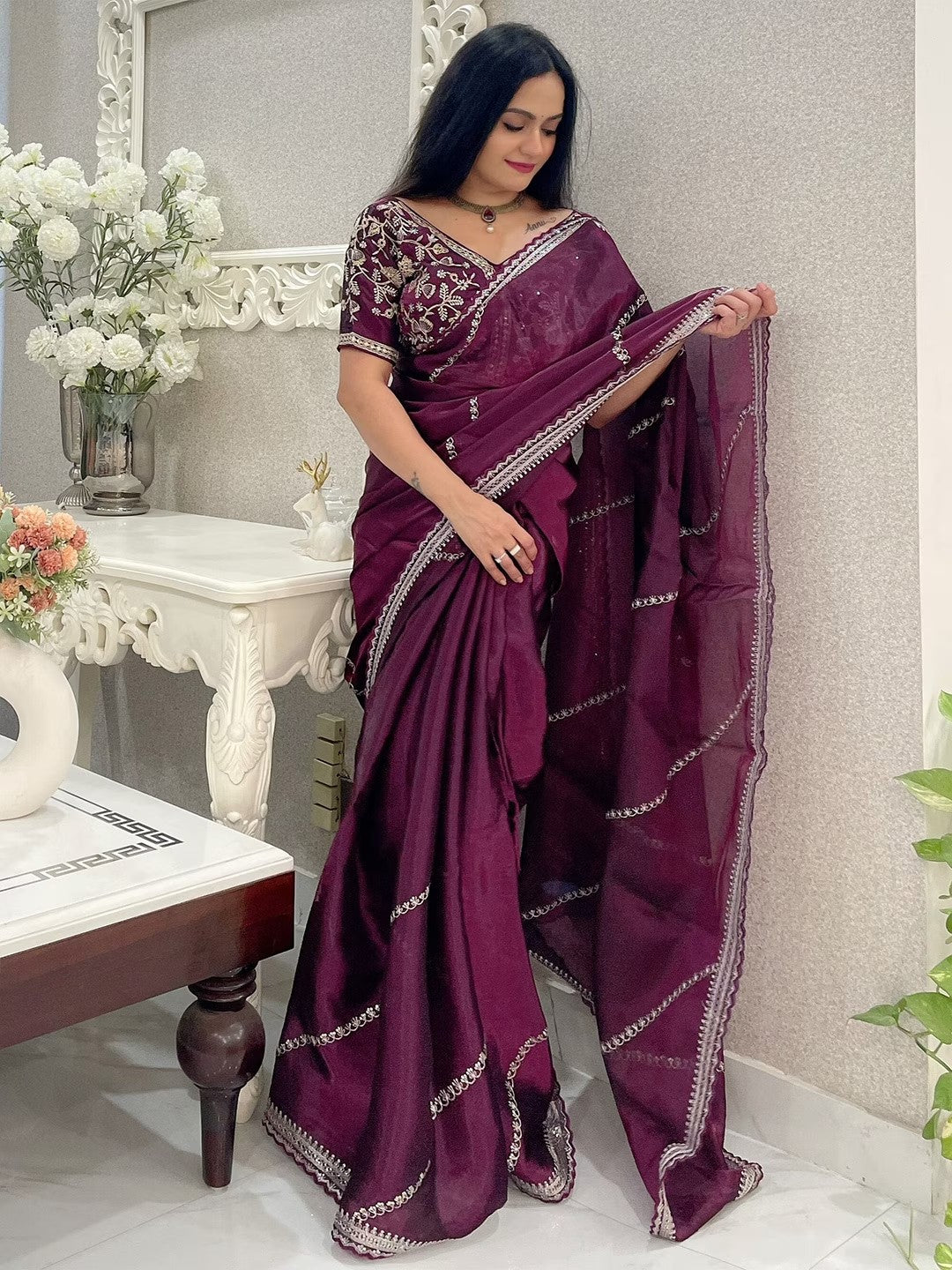 Prasthan Designer Sequins Embroidery party Wear Saree With Embroidery Blouse