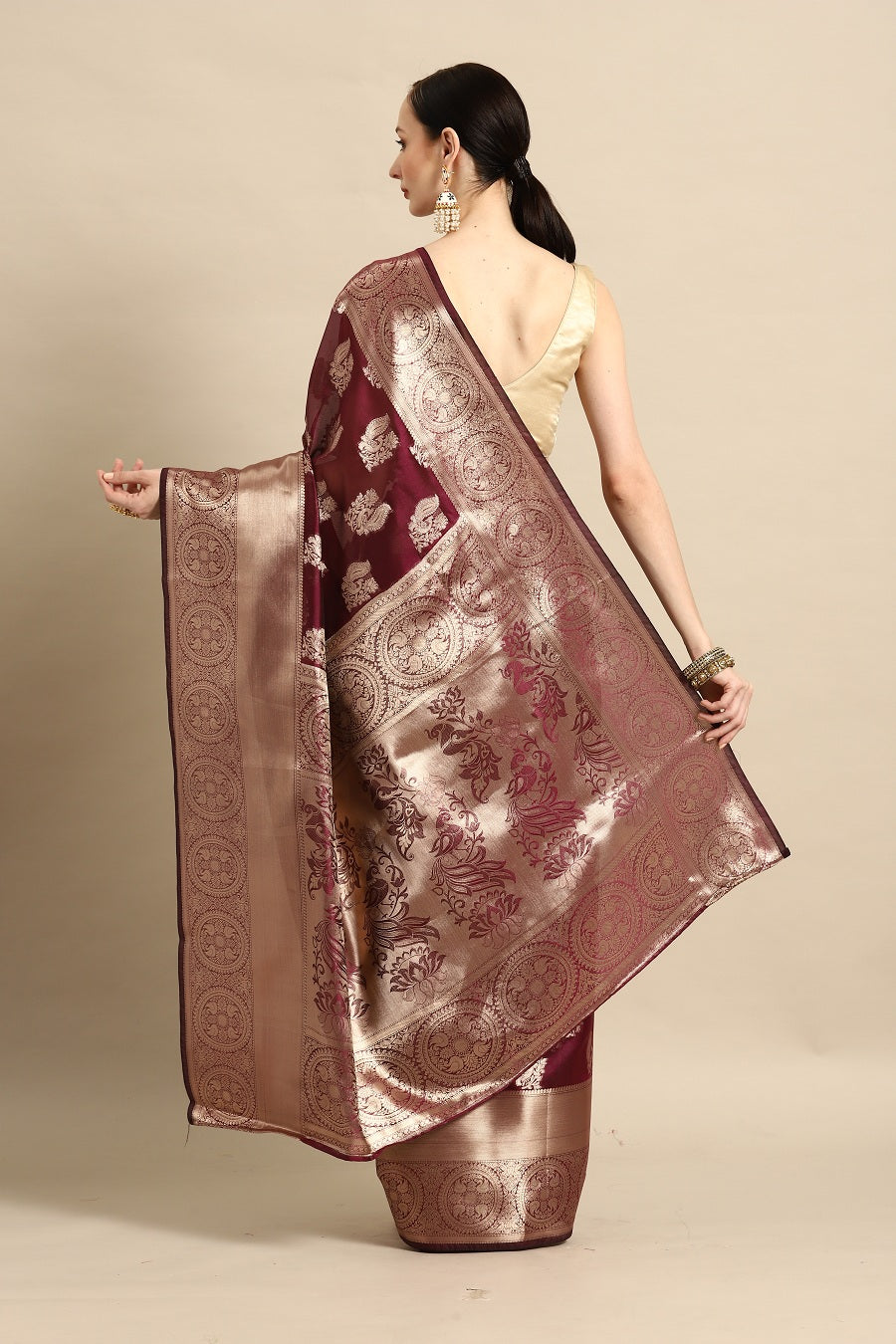 Partywear Purple Woven Gold Jari Organja Silk Kanjivaram Saree With Heavy Brocade Blouse
