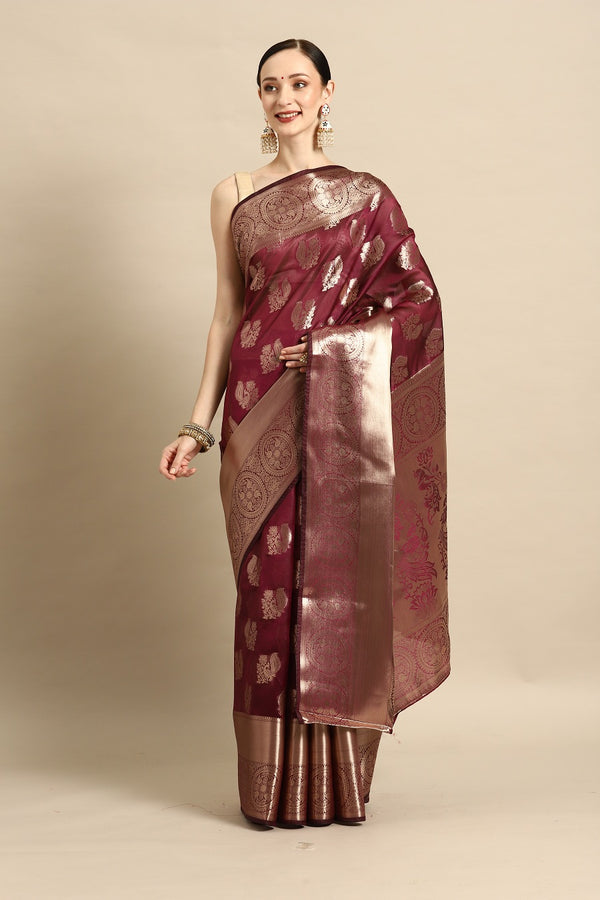 Partywear Purple Woven Gold Jari Organja Silk Kanjivaram Saree With Heavy Brocade Blouse