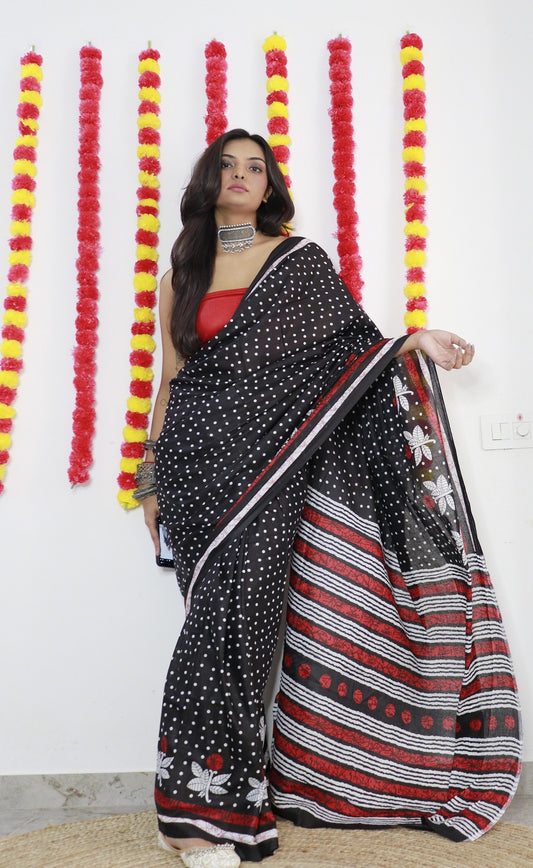 Hand-loom Pure Soft Cotton Geometric Design Printed Saree With Blouse(Unstiched)