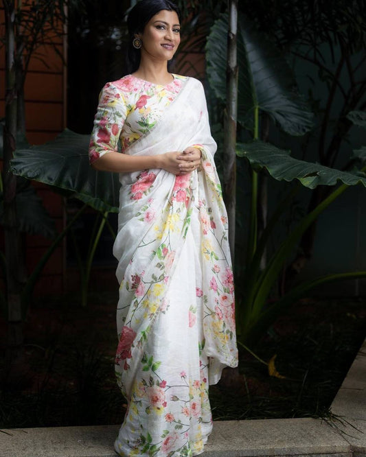 Hand-loom Pure Soft Cotton Flower Design Printed Saree With Blouse(Unstiched)