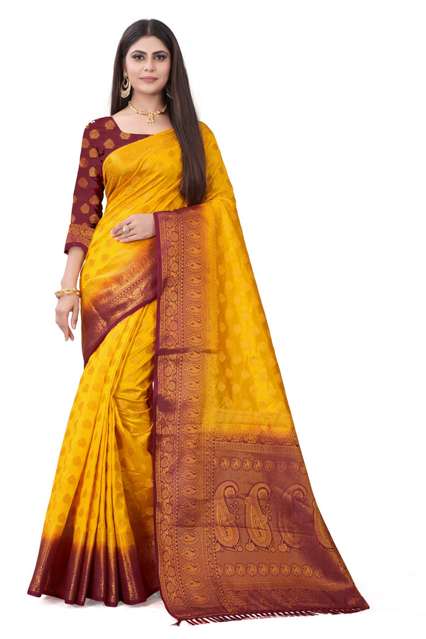 Wedding Wear Gold & Maroon Woven Gold Jari Cotton Silk Banarasi Saree With Blouse