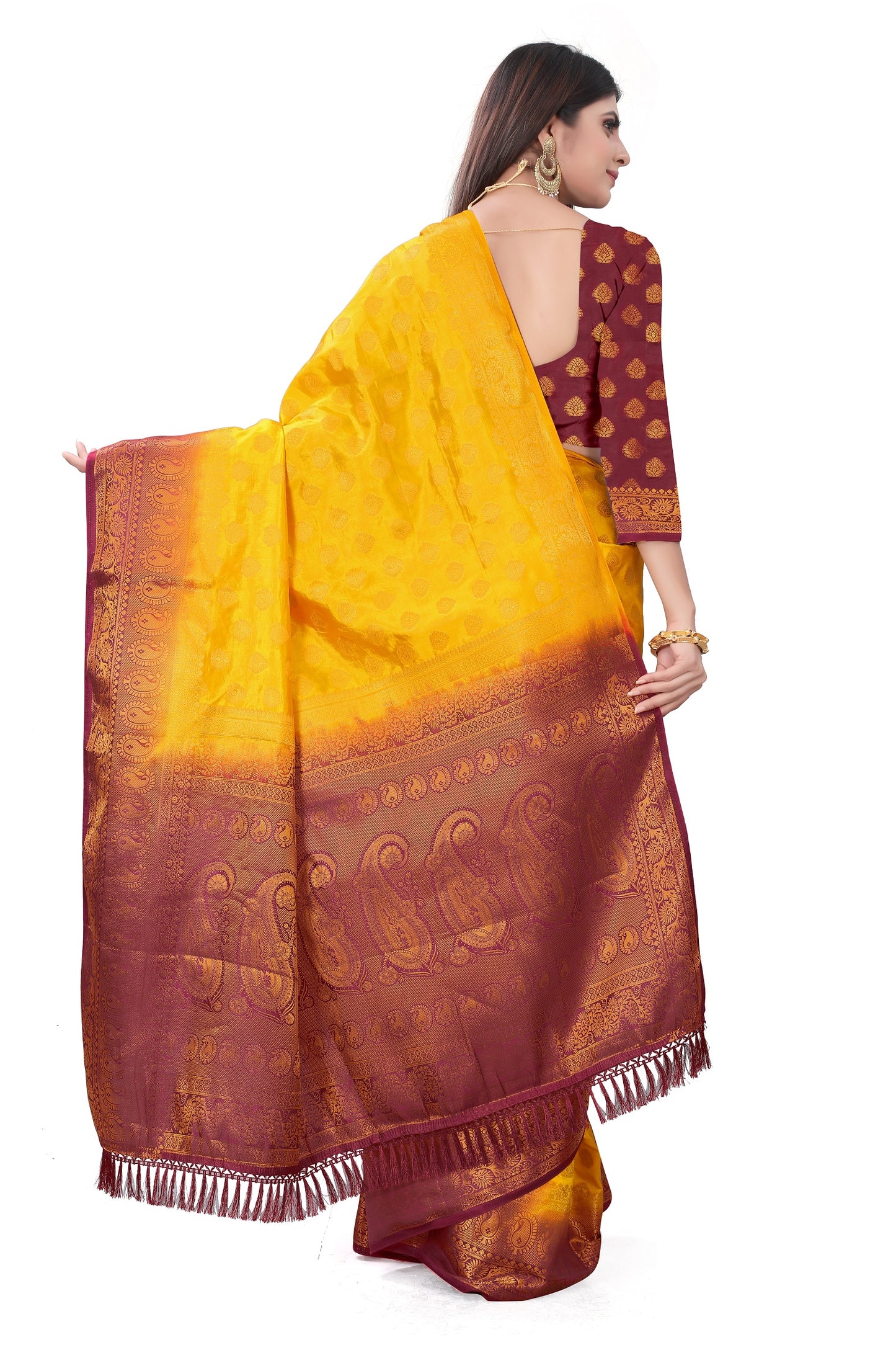 Wedding Wear Gold & Maroon Woven Gold Jari Cotton Silk Banarasi Saree With Blouse