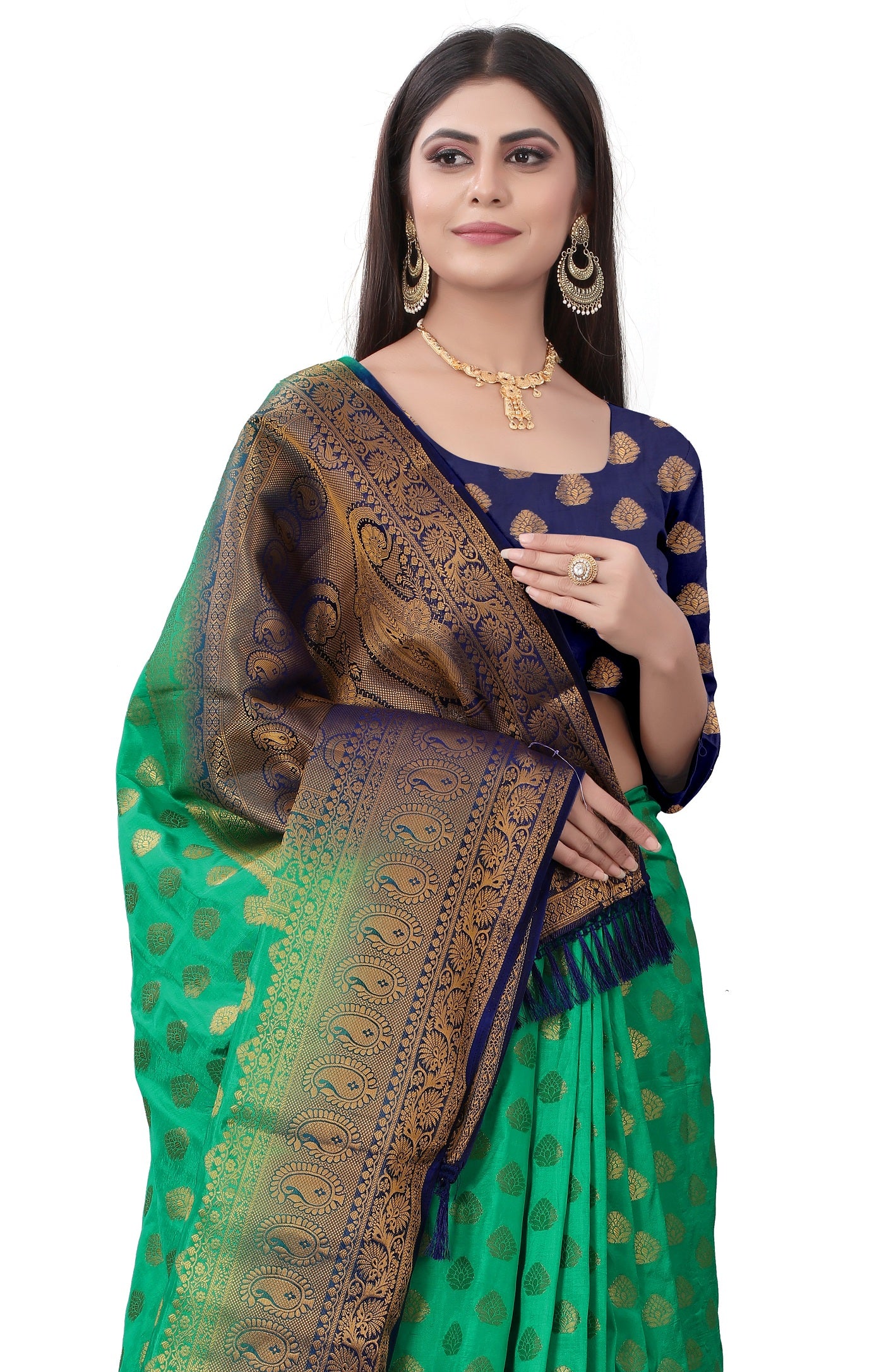 Wedding Wear Green & Navy Blue Woven Gold Jari Cotton Silk Banarasi Saree With Blouse
