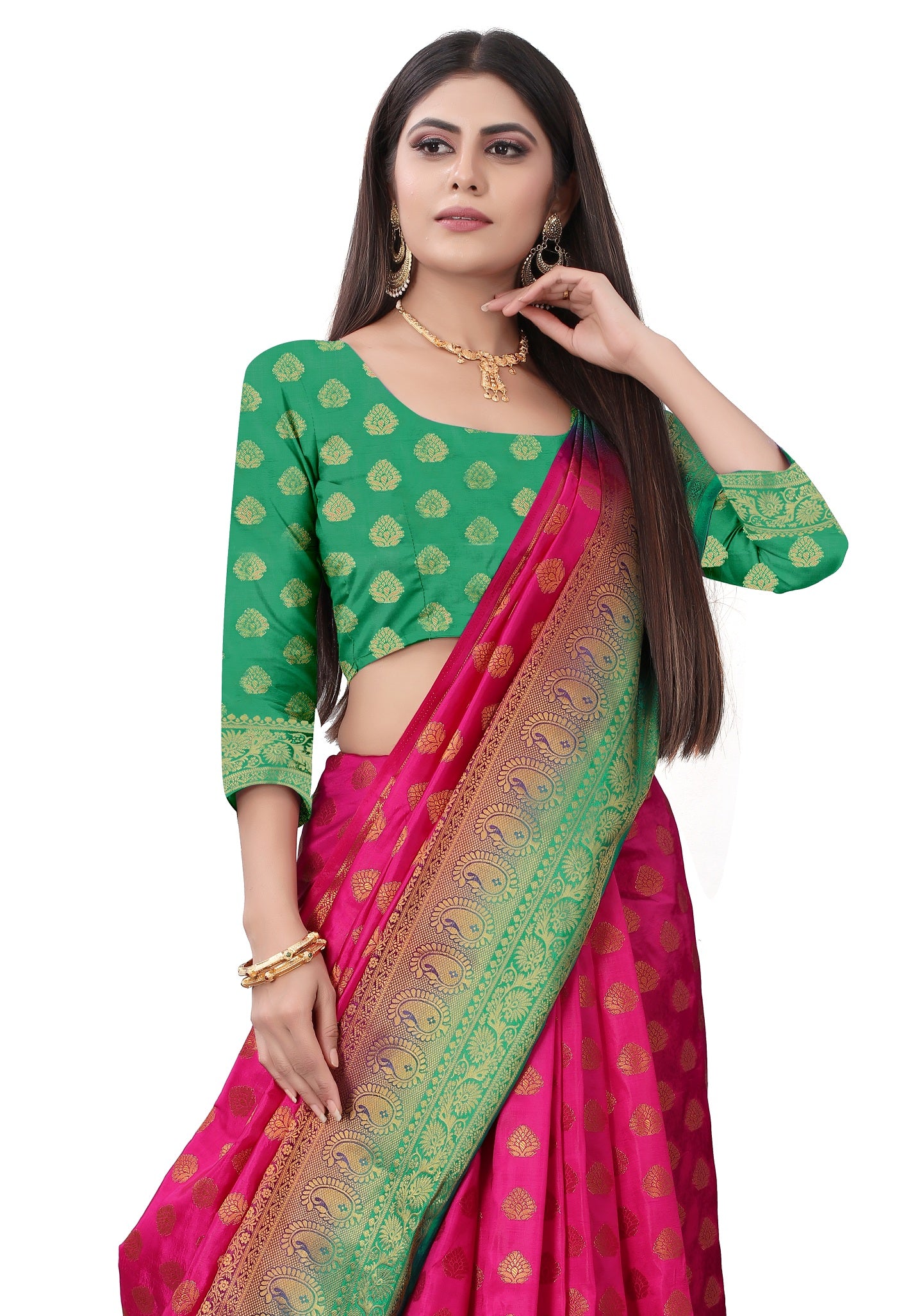 Wedding Wear Pink(Rani)& Green Woven Gold Jari Cotton Silk Banarasi Saree With Blouse
