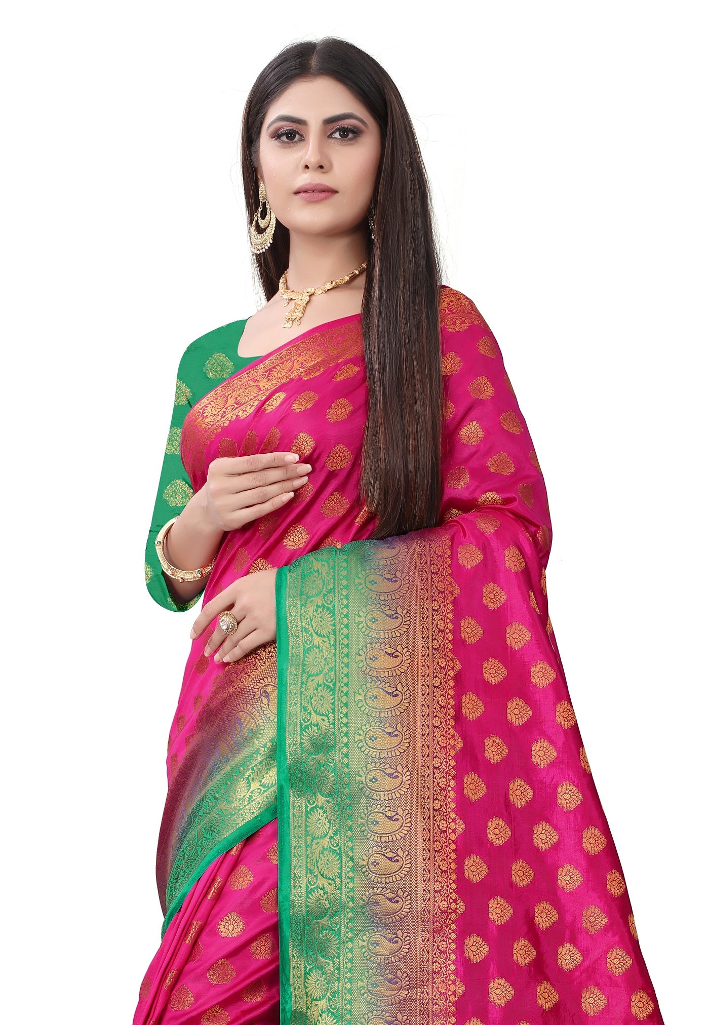 Wedding Wear Pink(Rani)& Green Woven Gold Jari Cotton Silk Banarasi Saree With Blouse