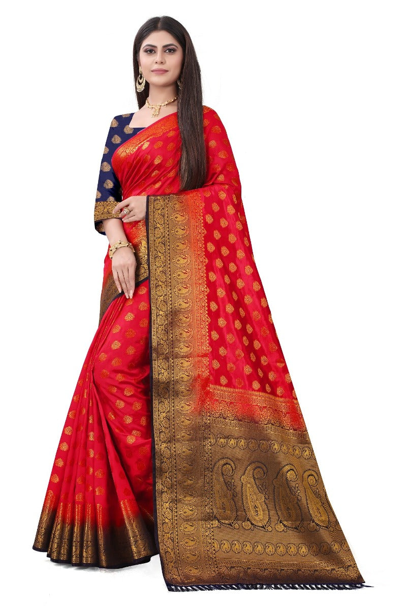 Prasthan Red & Navy Blue Woven Gold Zari Cotton Silk Banarasi Saree With Blouse