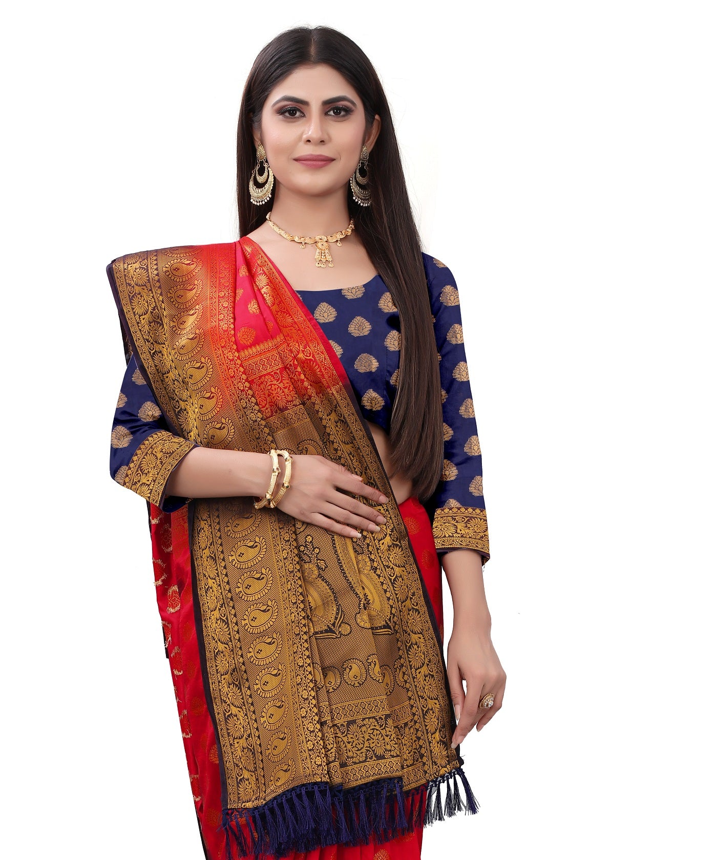 Wedding Wear Red & Navy Blue Woven Gold Zari Cotton Silk Banarasi Saree With Blouse
