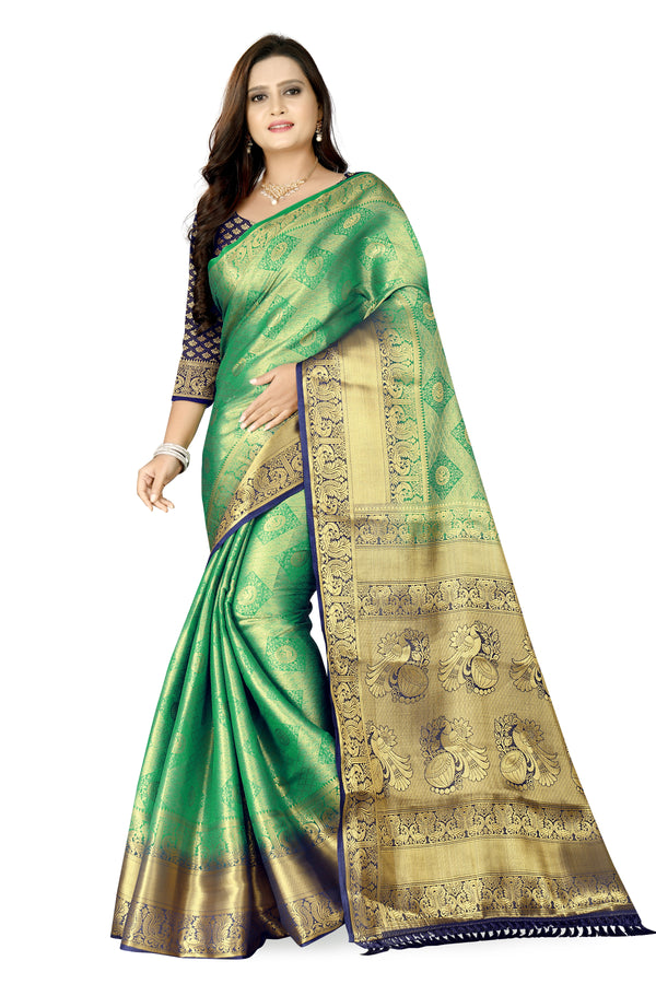 Wedding Wear Green & Navy Blue Woven Gold Jari Cotton Silk Banarasi Saree With Blouse