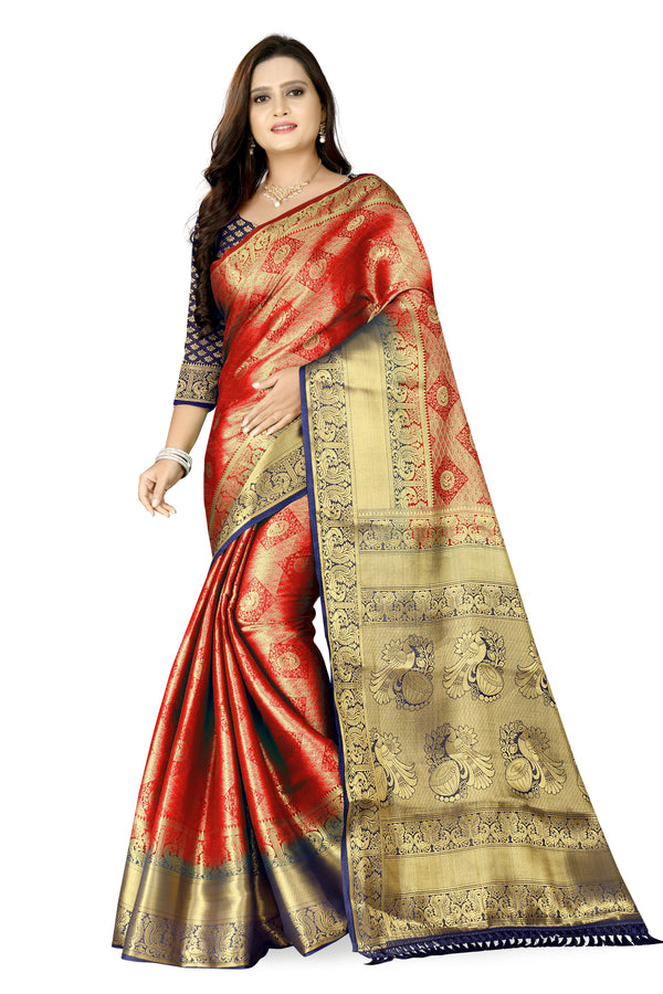 Wedding Wear Red & Navy Blue Woven Gold Jari Cotton Silk Banarasi Saree With Blouse