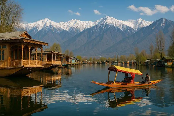 Scenic Kashmir landscape featuring Dal Lake, traditional shikaras, houseboats and snow-capped Himalayan mountains.Scenic Kashmir landscape featuring Dal Lake, traditional shikaras, houseboats and snow