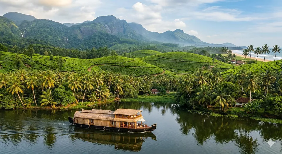 Kerala landscape featuring green Munnar tea gardens and a traditional Alleppey houseboat.