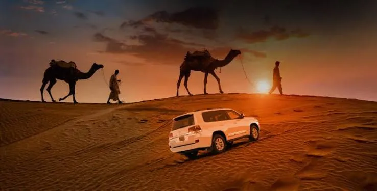 Golden desert dunes in Rajasthan with a camel safari and warm sunset views, representing desert adventures and safari holidays.