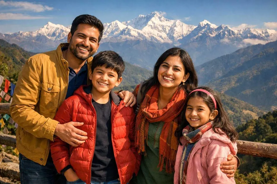 Family enjoying a scenic mountain vacation together with beautiful green valleys and Himalayan views.