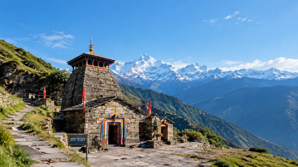 Tungnath Temple surrounded by the majestic Himalayan mountains in Uttarakhand, showcasing its spiritual significance and scenic high-altitude setting.