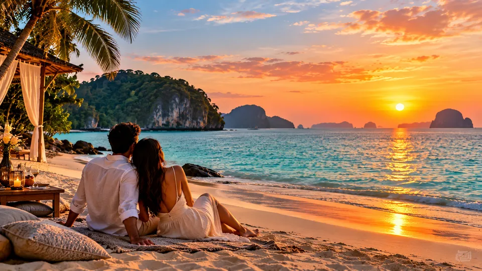 Romantic honeymoon escape featuring a couple enjoying a beautiful sunset beside a luxury infinity pool overlooking the ocean.