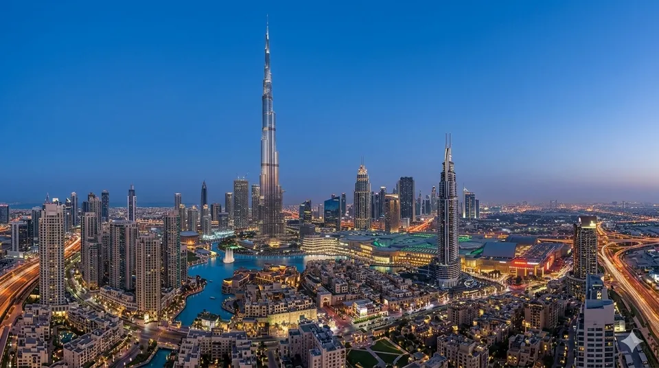 Dubai skyline at dusk featuring the iconic Burj Khalifa and illuminated city buildings, showcasing the beauty of Dubai, UAE.