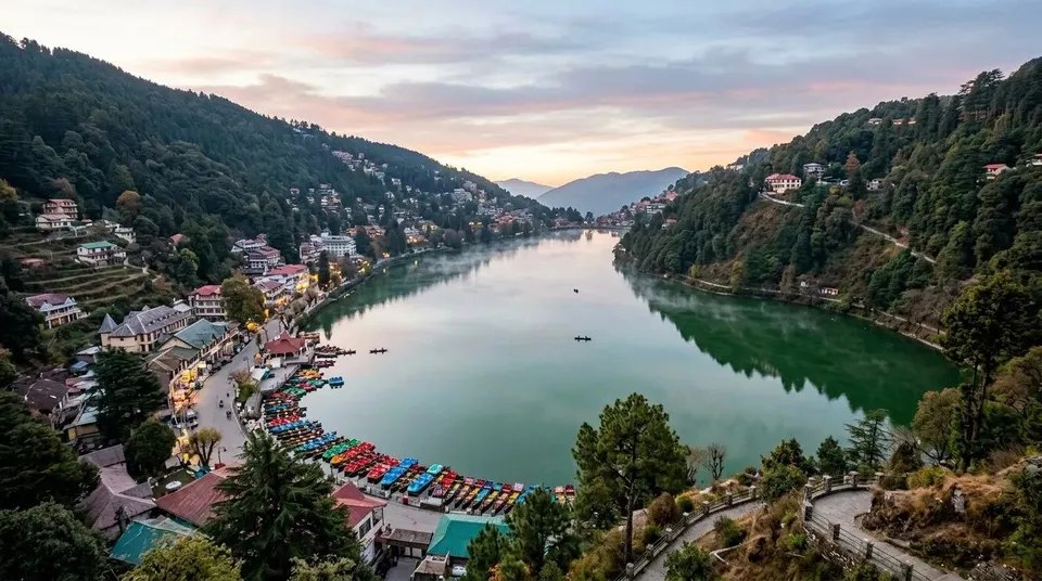 Naini Lake and scenic Himalayan hills.