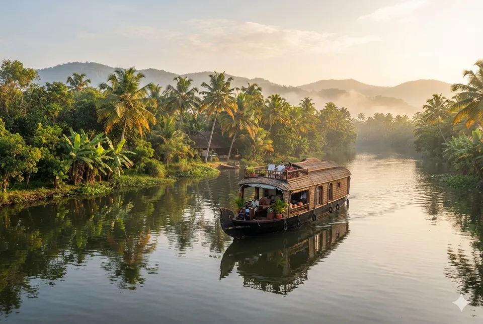Kerala backwaters with a traditional houseboat, lush coconut palms and scenic tropical greenery.