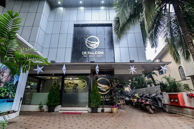 Exterior view of De Falcon Goa Beach Resort in Candolim, North Goa, showcasing the hotel entrance and welcoming resort setting.