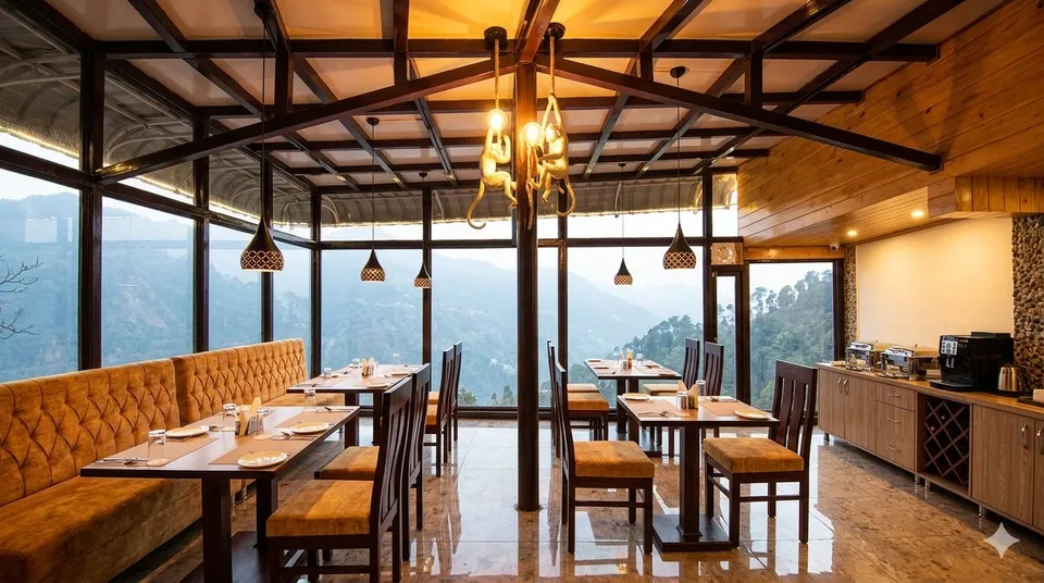Restaurant at The Imperial Green, Nainital, with large windows overlooking Naini Lake.